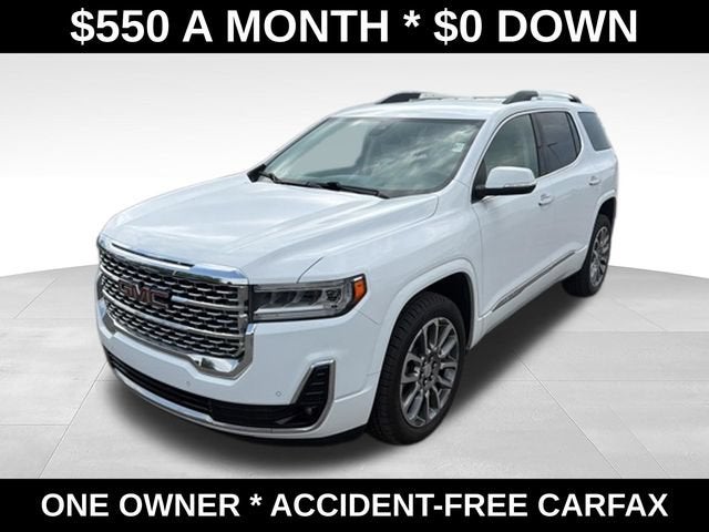 2023 GMC Acadia Denali in Summit White — front three-quarter view