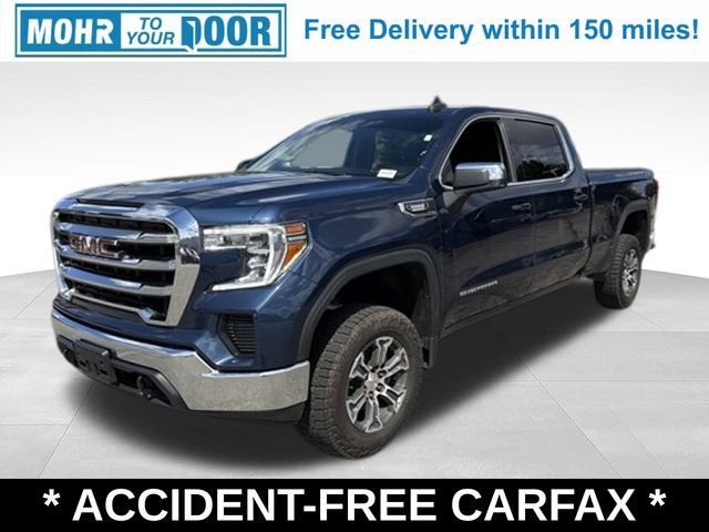 2021 GMC Sierra 1500 SLE in Pacific Blue Metallic — front three-quarter view