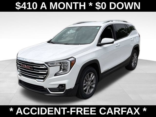 2024 GMC Terrain SLT in Summit White — front three-quarter view