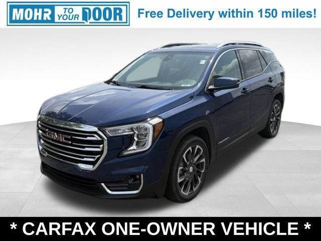 2022 GMC Terrain SLT in Marine Metallic — front three-quarter view