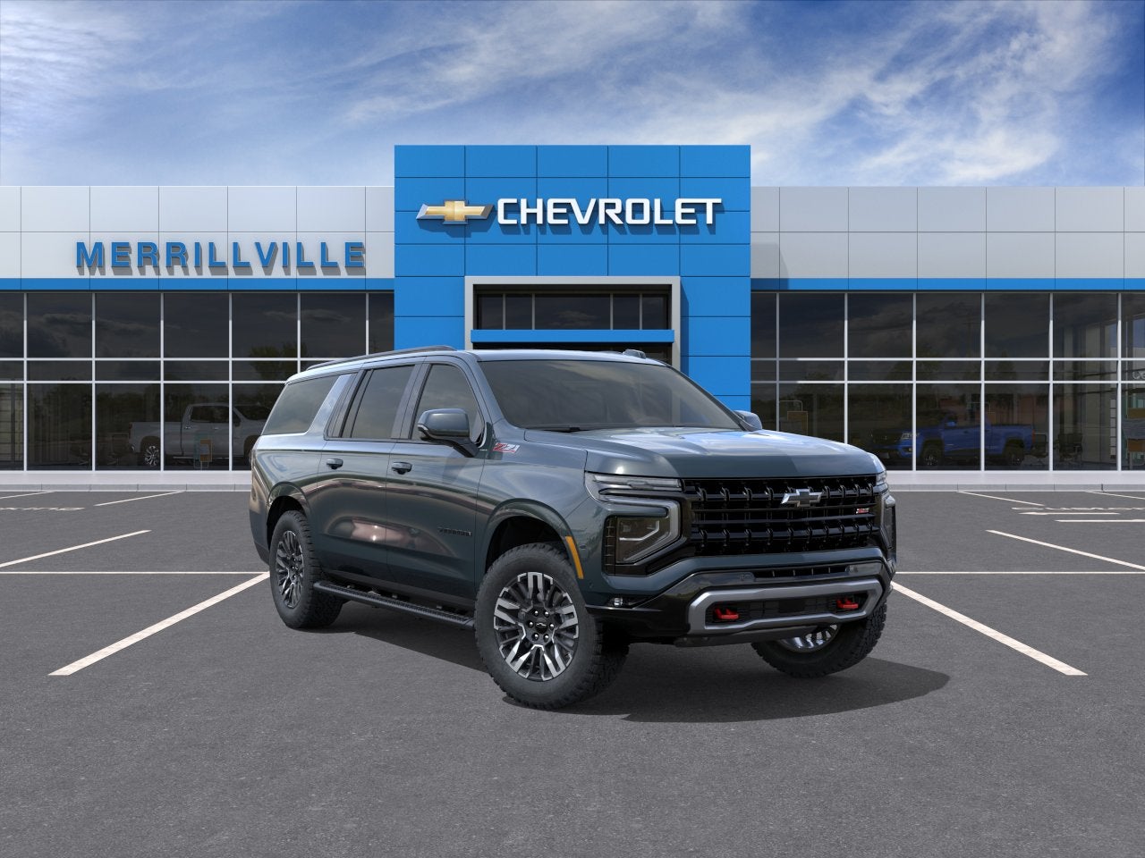 2026 Chevrolet Suburban Z71 in Cypress Gray — front three-quarter view